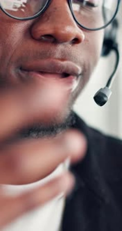 Headset, talking and black man in office with customer service, crm or communication