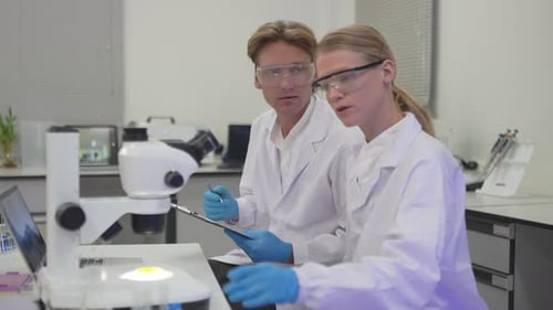 Scientists Working Together with Microscope and Flask