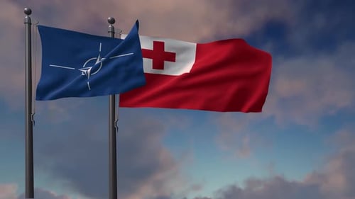 Waving Flags of NATO and Tonga Against a Cloudy Sky