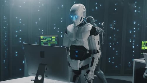 Two Robots Collaborate on a Computer Analyzing Data in a Hightech Room