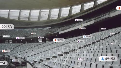 Animation of social media icons on banners over empty sports stadium