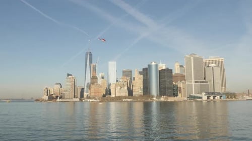 New York City Manhattan City Skyline with helicopter flying through moving video shot in 4k