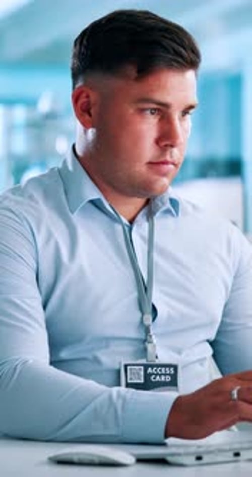 Computer, keyboard and typing with business man at desk in office for online report or research
