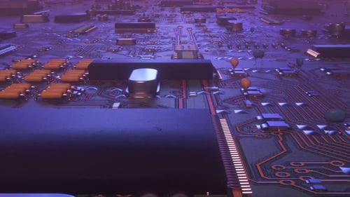 High Tech Electronic Board Abstract Futuristic Industry Concept Camera Moving Forward Above Endless