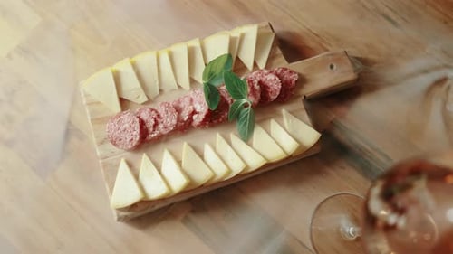 Vue du dessus d'un plateau de charcuterie gastronomique et d'un verre de vin. Apéritif pour dîner d'affaires. Argentine.