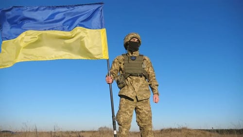 Soldier Standing with Flag on Sunny Day