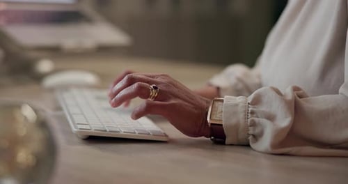 Business, woman and hands for typing at night on computer for office memo