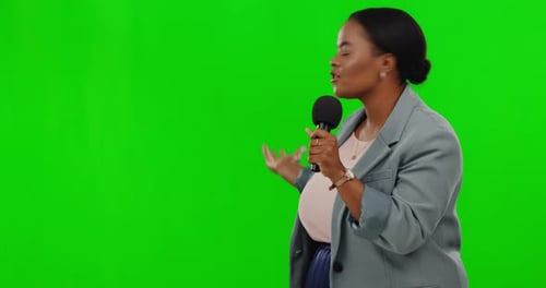 Female news reporter, microphone and green screen in studio broadcast, face