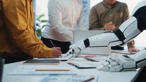 AI Robot Arm at Corporate Meeting with Team
