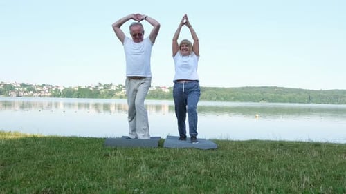 Senior Couple Exercising on Lakeside Lawn