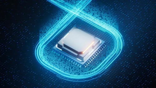 Futuristic CPU Microchip with Glowing Data Stream Loop