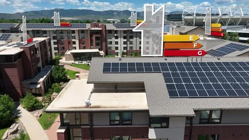 Modern college dorm with solar panels and energy efficiency rating animation, green courtyard, mount