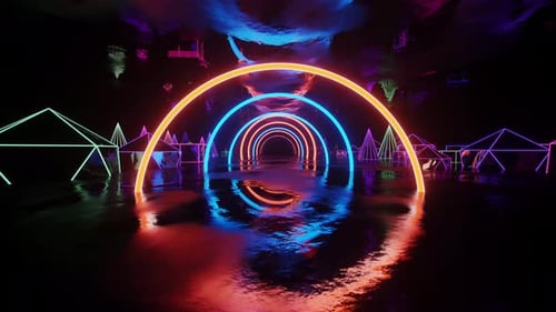 Tunnel with neon semicircles and a reflective floor and many neon figures. Loop animation