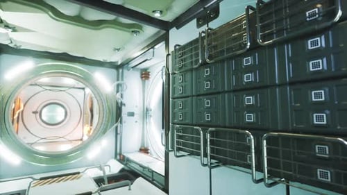 Vue intérieure d'un module de station spatiale avec rangement et fenêtre circulaire