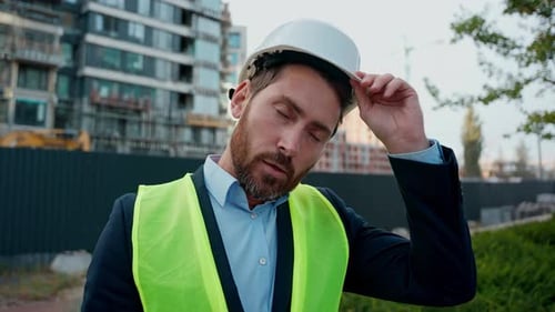 Tired Exhausted Builder Caucasian Man Engineer Take of Hardhat End Working Day Middleaged Inspector