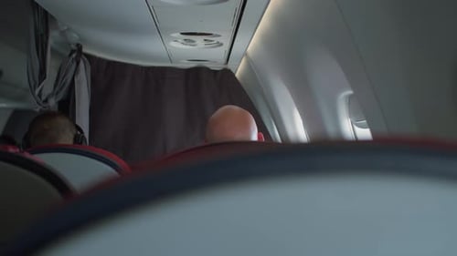 Back view of passengers sitting inside Airline cabin during flight - Airbus A319