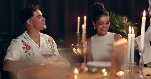 Smile, couple and food service at restaurant with romance, valentines day date and celebration