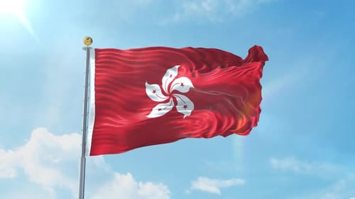 Realistic Hong Kong Flag Waving Animation on Blue Sky Background