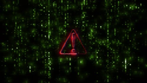 Digital Warning Sign Glitch with Matrix Binary Code Background