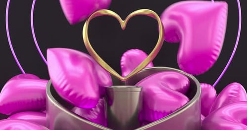 Love concept: Scene with multiple heart shaped items: Rings (Neon and Gold), Falling Balloons etc,
