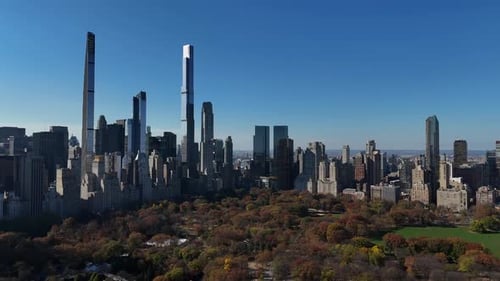 Aerial video above skyscrapers and skyline in Manhattan, New York