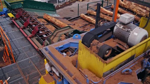 Sawmill. Process of removing bark from logs.