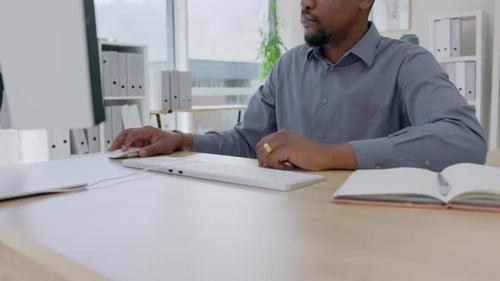 Hands, black man and typing on computer in office for data planning, online admin