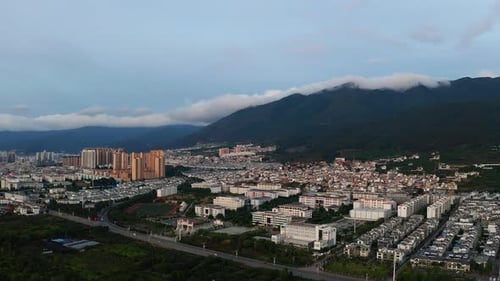 Aerial view of Dali town at the foot of the mountain, Yunnan Province, China