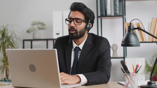 Businessman Working on Laptop Wearing Headset Call Center Support Service Operator Office Helpline