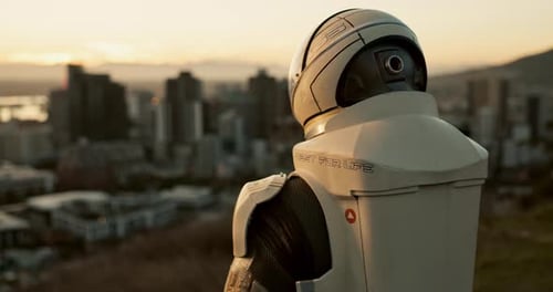 Space, travel and astronaut in city with sci fi, future dystopia and planet for discovery
