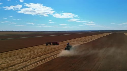 Different Agriculture Machines Harvesting Grain in Wheat Field Drone Point of View.
