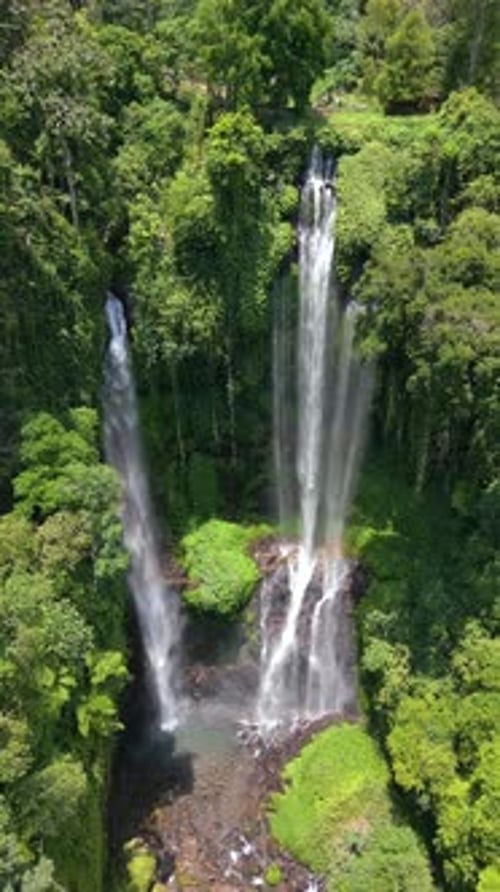 Aerial View Of Stunning Sekumpul Waterfall In The Lush Jungle In Bali Indonesia