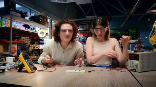 Young man and woman in protective glasses doing experiments with electricity in a laboratory. Tools