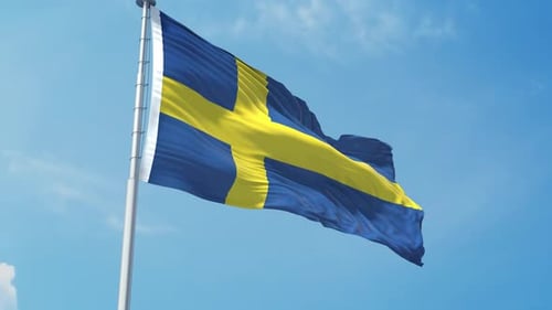 Swedish Flag Waving in Blue Sky with Realistic Fabric Motion