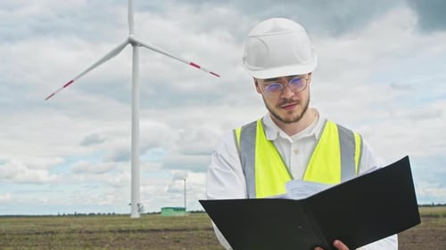 Engineer Studies Documents with Serious Expression on His Face Against Backdrop of Rainy Day In
