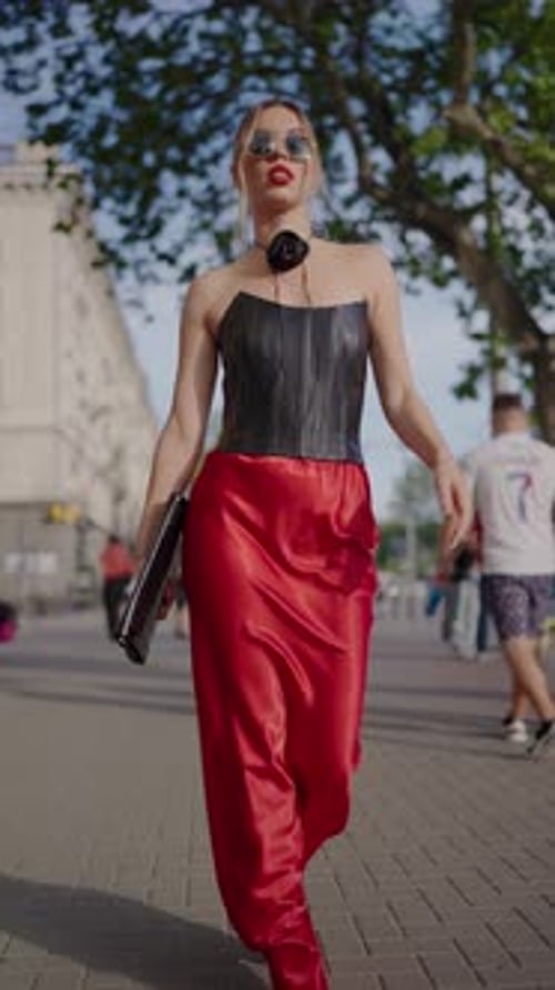 Stylish Woman Walking in Bold Fashion on City Street