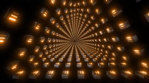 Dynamic geometric tunnel with glowing lights creating futuristic design