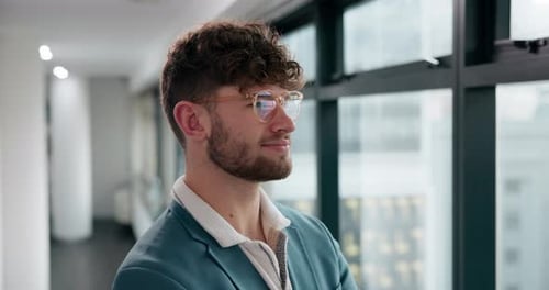 Office, proud or businessman thinking of ideas in workplace for daydreaming, vision or reflection