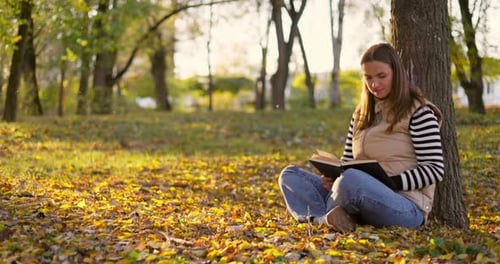 Adult Woman Sitting Under Tree Reading a Book in Autumn Park