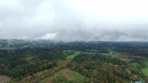 Panoramic View Of Forest Covered In Fog During Autumn - Drone Shot