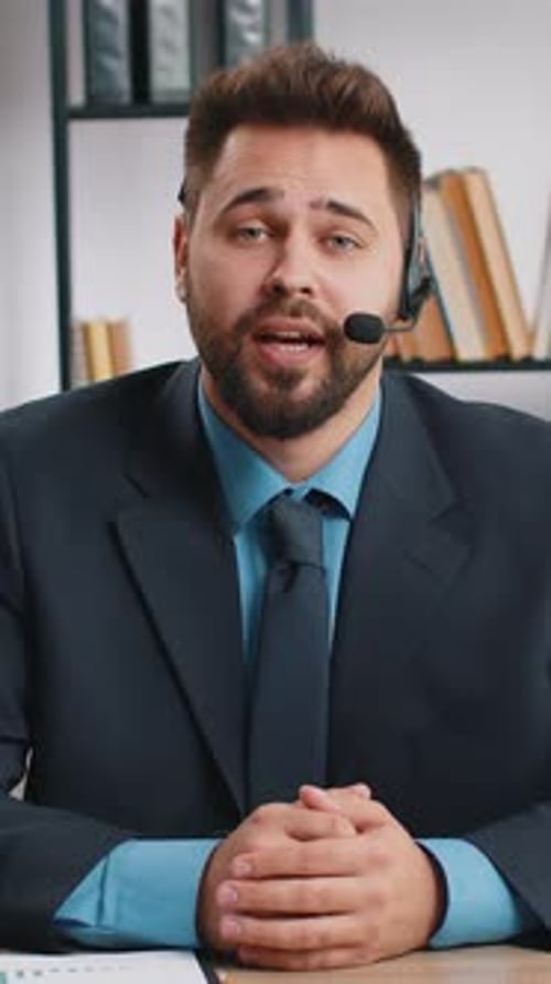 Businessman Working on Laptop Wearing Headset Call Center Support Service Operator Office Helpline