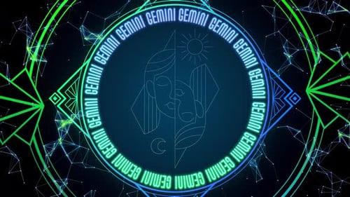Futuristic Neon Gemini Zodiac Symbol Motion Background