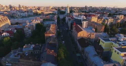 Cinematic Drone Shot of the Old City in the Center of Kyiv at Sunset