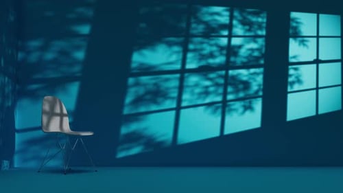 Looping 3D Rendered Single Chair in Empty Blue Room with Shadows From Windows and Trees