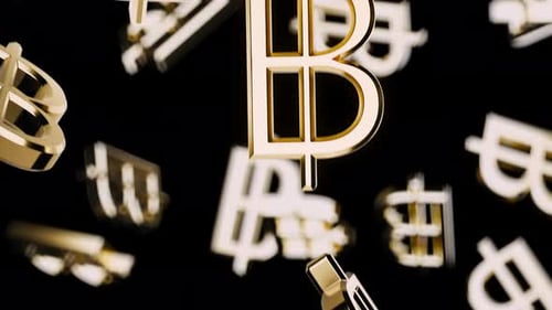 Endlessly Falling Gold Baht Symbol on a Black Background