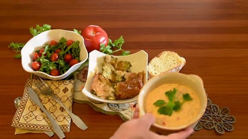 Healthy mediterranean cuisine, three dishes concept for lunch or dinner. Side view closeup of placin