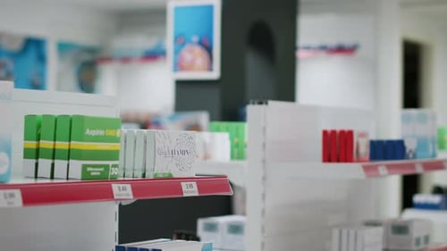 Pharmacy Shelves Filled with Medicaments and Pharmaceutics