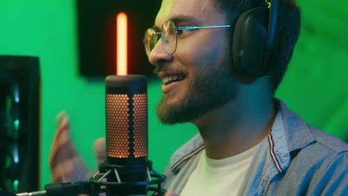 Close Up Happy Smiling Streamer Radio Host Presenter Caucasian Man Businessman Business Male Guy
