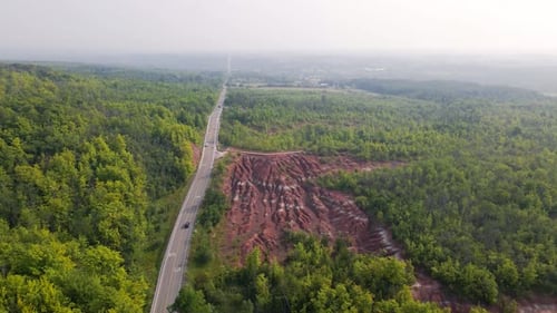 Aerial drone shot of the Cheltenham badlands in Caledon, Ontario, Canada.