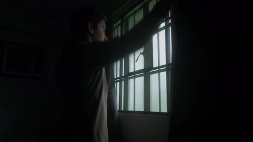 Young Man Standing Looking Out of Barred Window